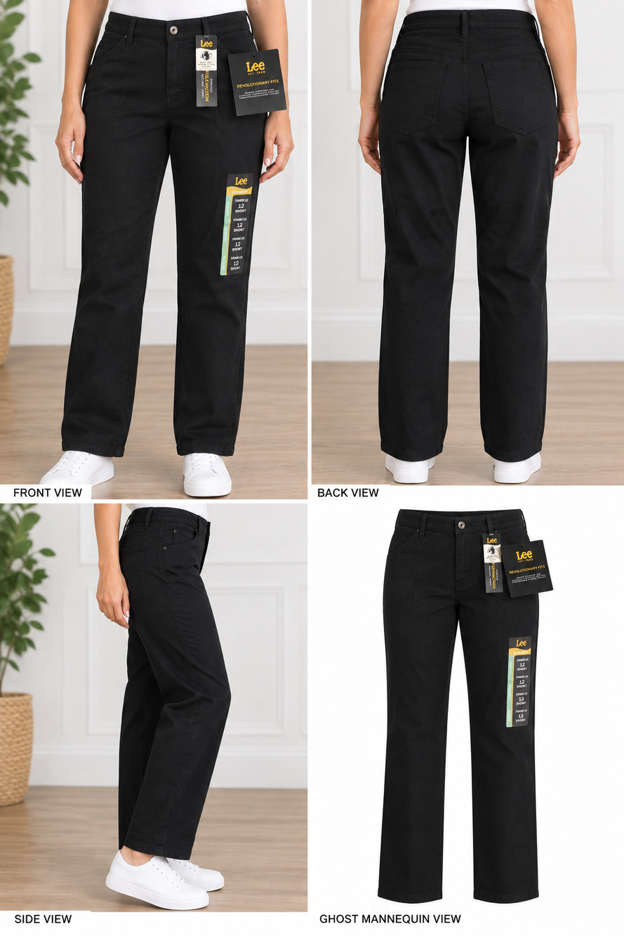 Lee Flex Motion Pants Women 12 Short Black Straight Leg Mid Rise Regular Fit NWT